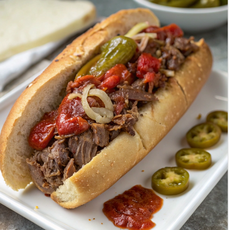 Italian beef sandwich filled with tender shredded beef, pickled peppers, onions, and melted cheese in a crusty hoagie roll.