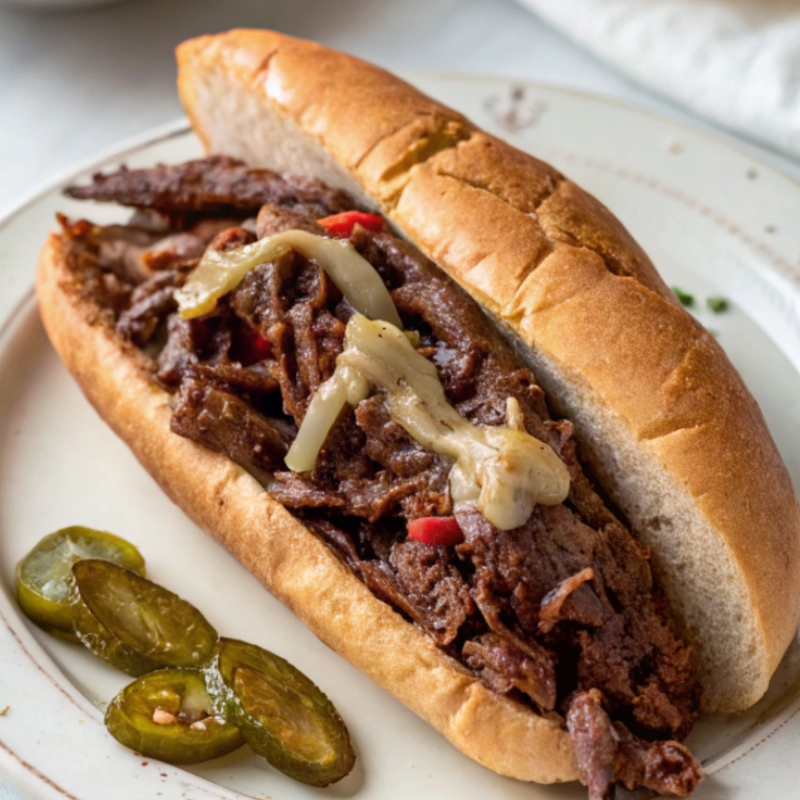 Italian beef sandwich filled with tender shredded beef, pickled peppers, onions, and melted cheese in a crusty hoagie roll.