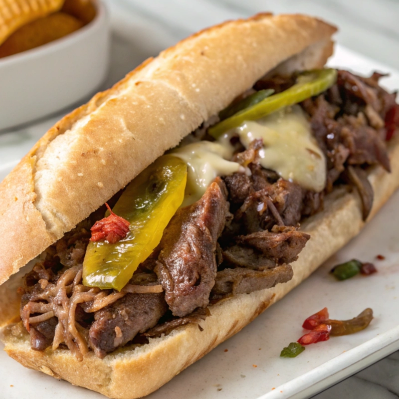 Italian beef sandwich filled with tender shredded beef, pickled peppers, onions, and melted cheese in a crusty hoagie roll.