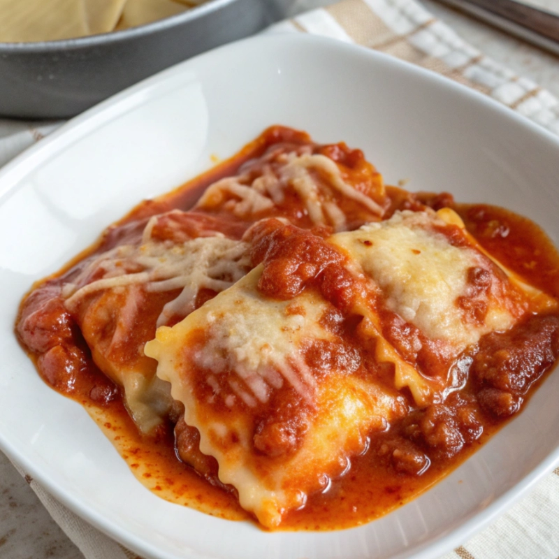 Cheesy beef lasagna with layers of pasta, meat sauce, and melted mozzarella served on a white plate.