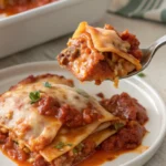 Cheesy beef lasagna with layers of pasta, meat sauce, and melted mozzarella served on a white plate.