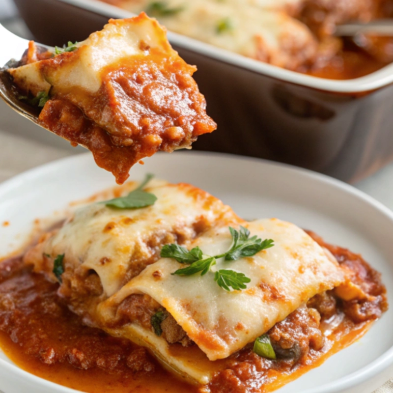 Cheesy beef lasagna with layers of pasta, meat sauce, and melted mozzarella served on a white plate.