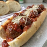 Toasted hoagie roll filled with meatballs, marinara sauce, and melted mozzarella cheese.