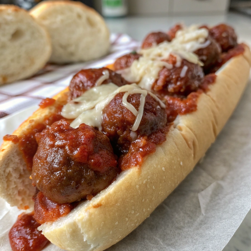 Toasted hoagie roll filled with meatballs, marinara sauce, and melted mozzarella cheese.