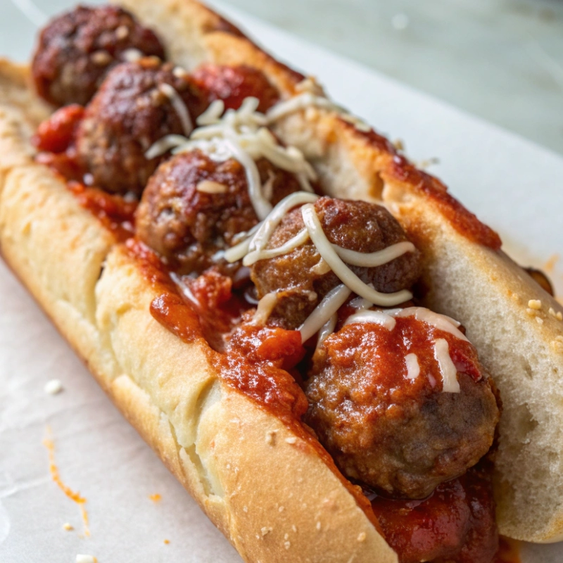 Meatball sandwich with marinara and shredded mozzarella cheese on a hoagie roll.