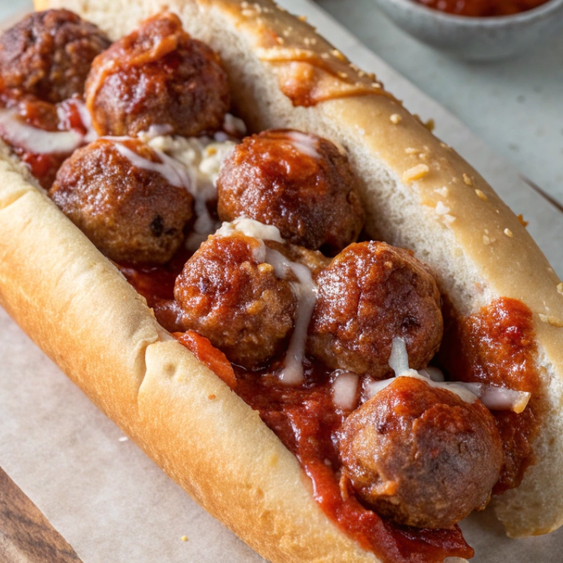 Six meatballs in a hoagie roll with marinara sauce and melted cheese on parchment paper.