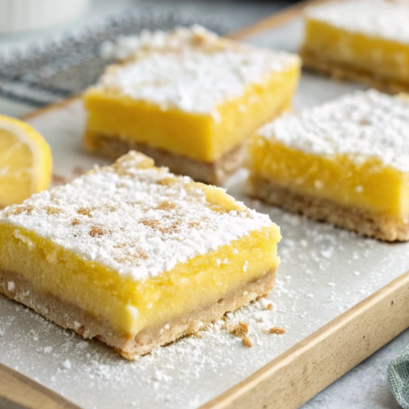 Meyer lemon bars stacked neatly on a tray, topped with powdered sugar and surrounded by lemon slices.