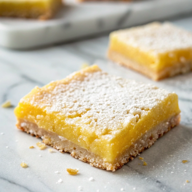 Close-up of a Meyer lemon bar with a powdered sugar dusting on a marble surface.