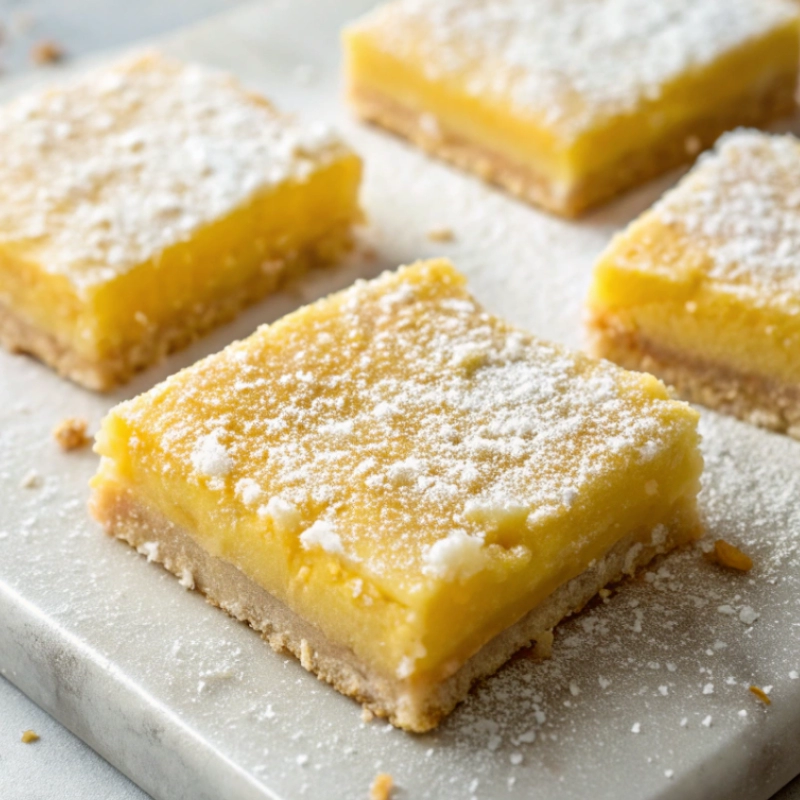 Thick Meyer lemon bars with golden crusts, topped with powdered sugar and arranged on a white board.