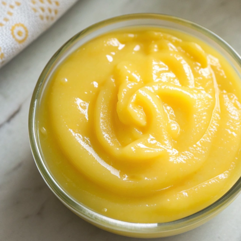 Glossy Meyer lemon curd swirled in a glass bowl on a marble surface.