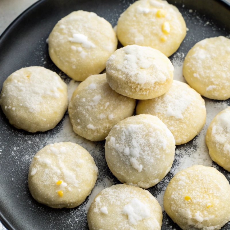 Overhead view of powdered sugar-coated Meyer lemon meltaway cookies on a black plate.