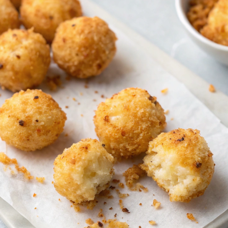 Mini cheese ball bites with a crunchy golden coating, some cracked open to reveal a creamy filling.