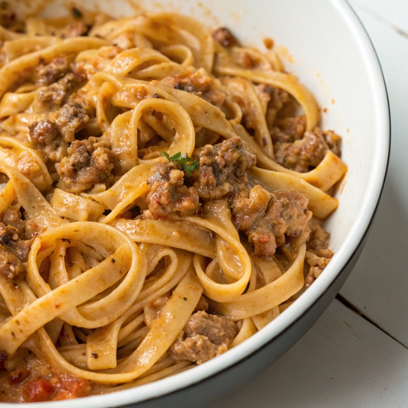 Fettuccine pasta with creamy meat sauce in a white bowl.