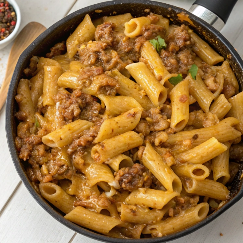 Rigatoni pasta with creamy meat sauce in a skillet.