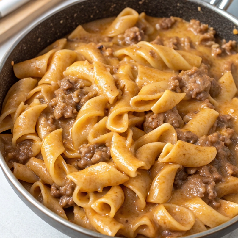 Creamy beef and egg noodle skillet with a rich sauce.