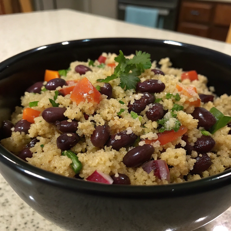 Bowl of quinoa black bean salad with diced vegetables.