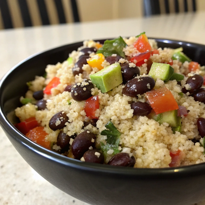 Bowl of quinoa black bean salad with diced vegetables.