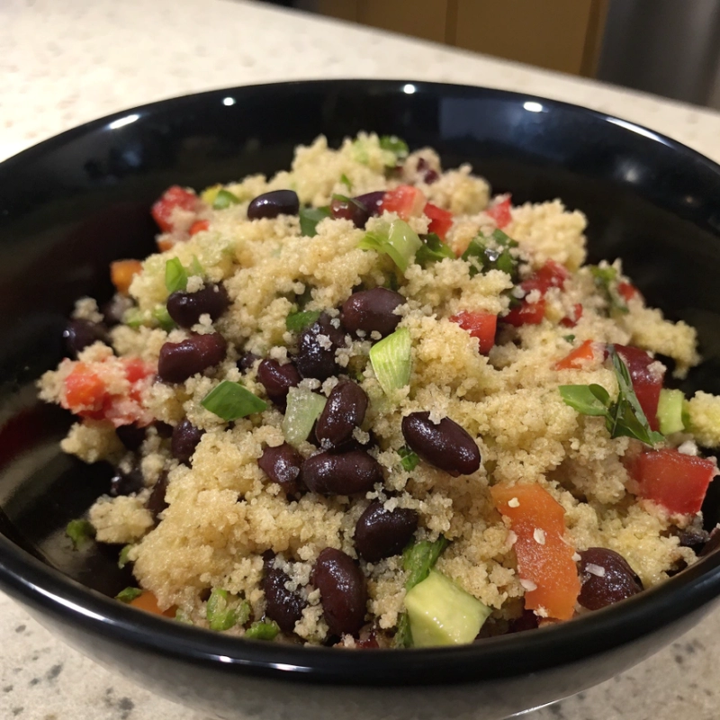 Bowl of quinoa black bean salad with diced vegetables.
