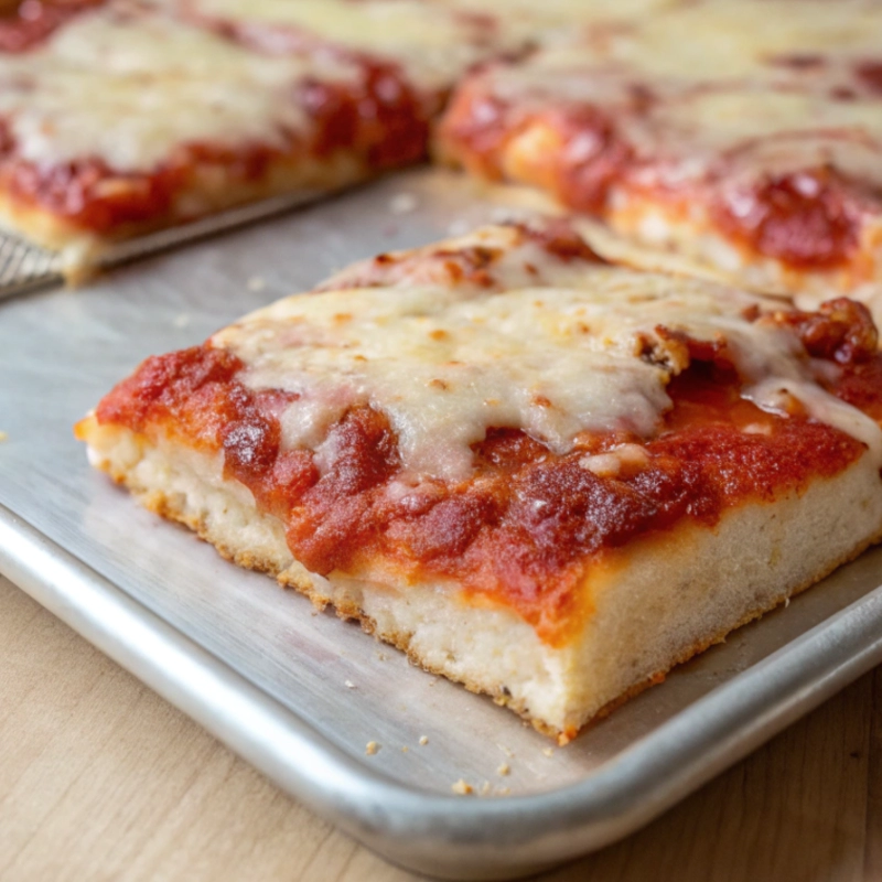 Thick, rectangular slices of sheet pan pizza topped with melted mozzarella cheese and tomato sauce on a golden, fluffy crust.