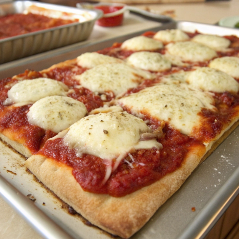 Thick, rectangular slices of sheet pan pizza topped with melted mozzarella cheese and tomato sauce on a golden, fluffy crust.