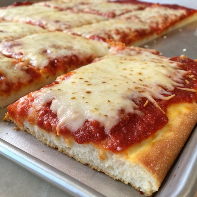 Thick, rectangular slices of sheet pan pizza topped with melted mozzarella cheese and tomato sauce on a golden, fluffy crust.