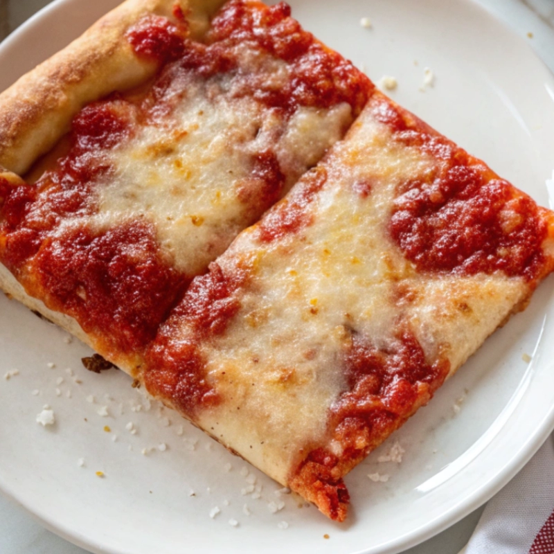 Thick, rectangular slices of sheet pan pizza topped with melted mozzarella cheese and tomato sauce on a golden, fluffy crust.