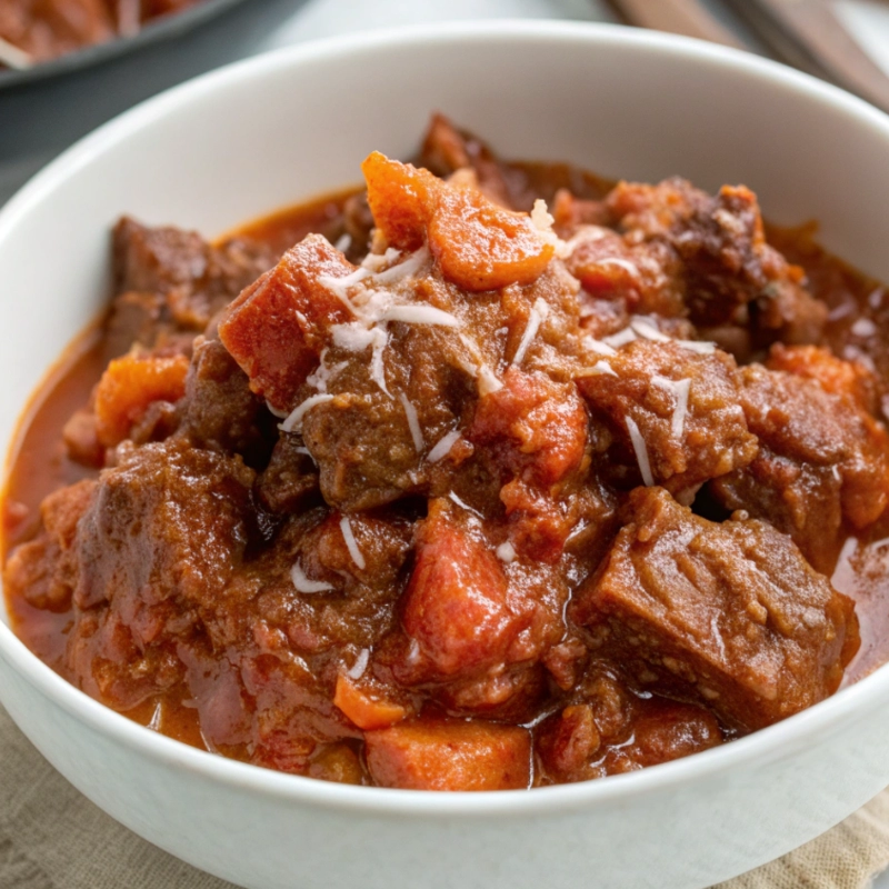 Bowl of slow cooker beef ragù with tender beef chunks simmered in rich tomato sauce.