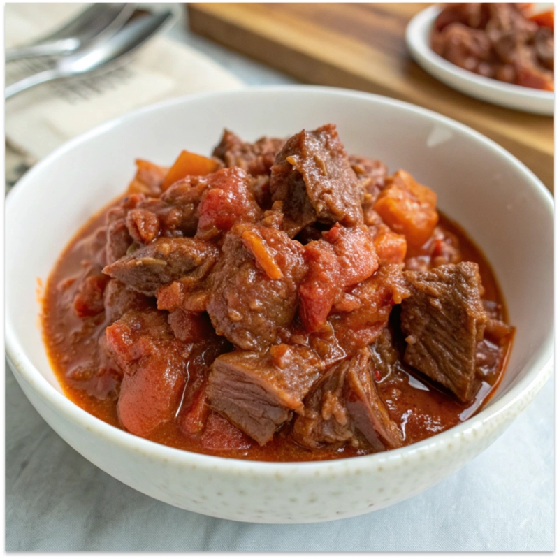 Bowl of slow cooker beef ragù with tender beef chunks simmered in rich tomato sauce.