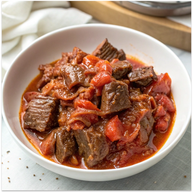 Bowl of slow cooker beef ragù with tender beef chunks simmered in rich tomato sauce.