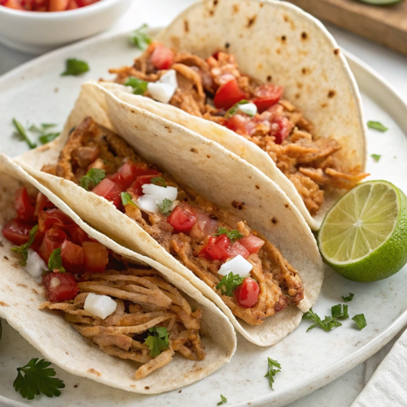 Soft flour tortillas filled with shredded slow-cooked chicken, topped with diced tomatoes, onions, and fresh cilantro, served with lime wedges.