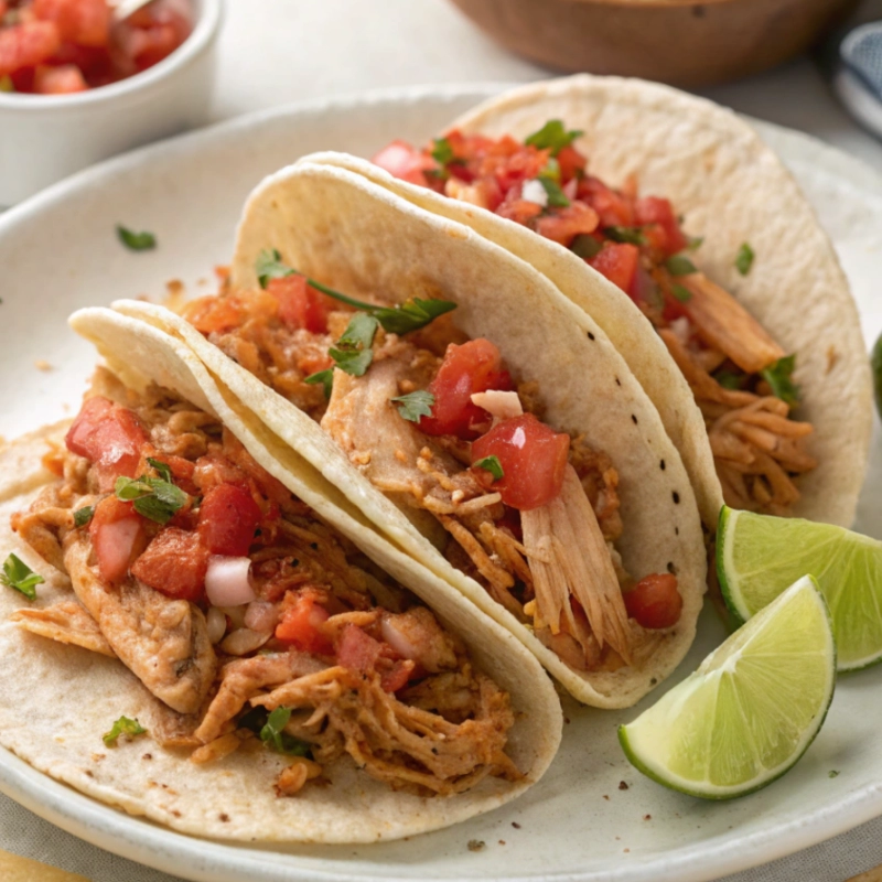 Soft flour tortillas filled with shredded slow-cooked chicken, topped with diced tomatoes, onions, and fresh cilantro, served with lime wedges.