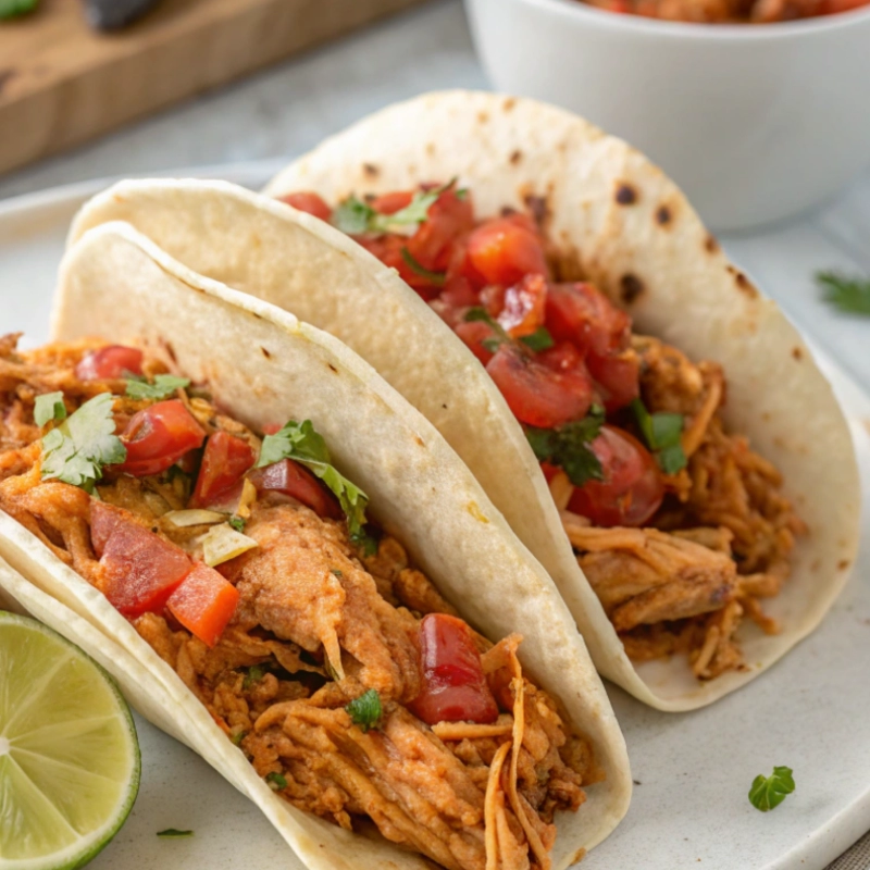 Soft flour tortillas filled with shredded slow-cooked chicken, topped with diced tomatoes, onions, and fresh cilantro, served with lime wedges.