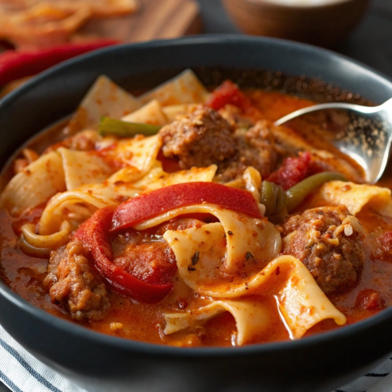 Spicy Italian Sausage Lasagna Soup with Roasted Peppers 1 - Danyrecipes