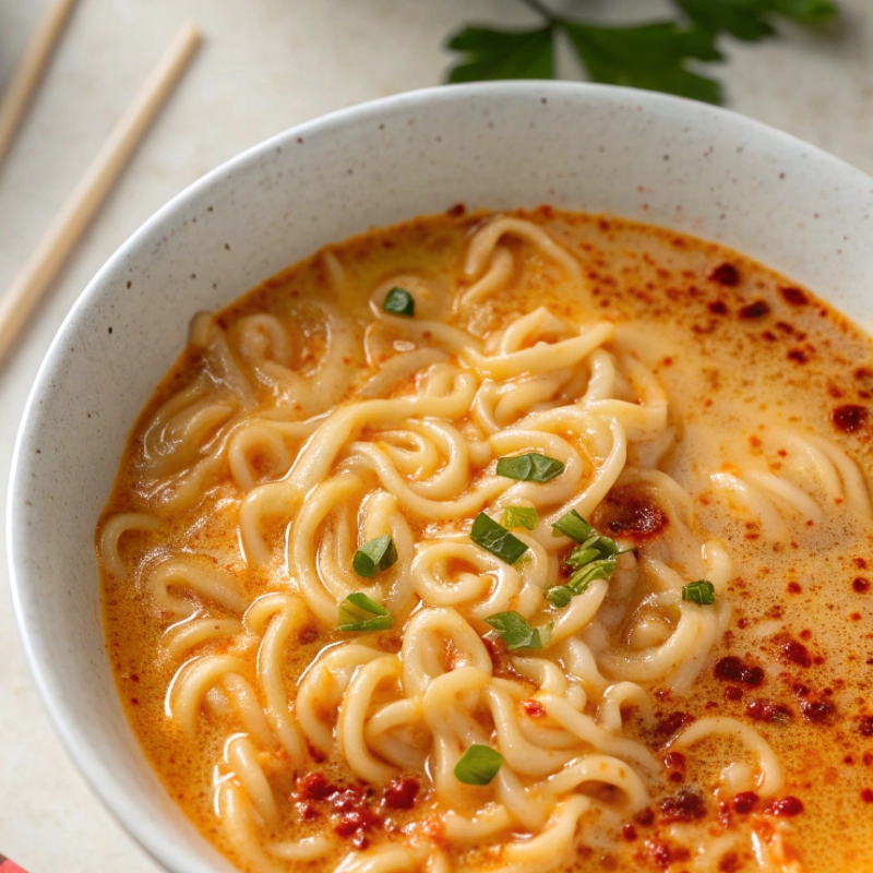 Spicy ramen noodle soup with chopped green onions and chili oil in a creamy broth.