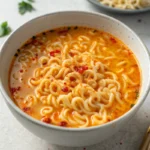 A bowl of spicy ramen with chili paste and noodles in a vibrant orange broth.