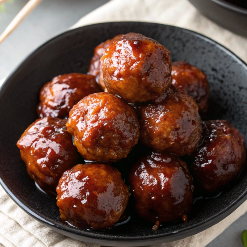 Sweet and sticky teriyaki-glazed meatballs served in a black bowl with chopsticks.
