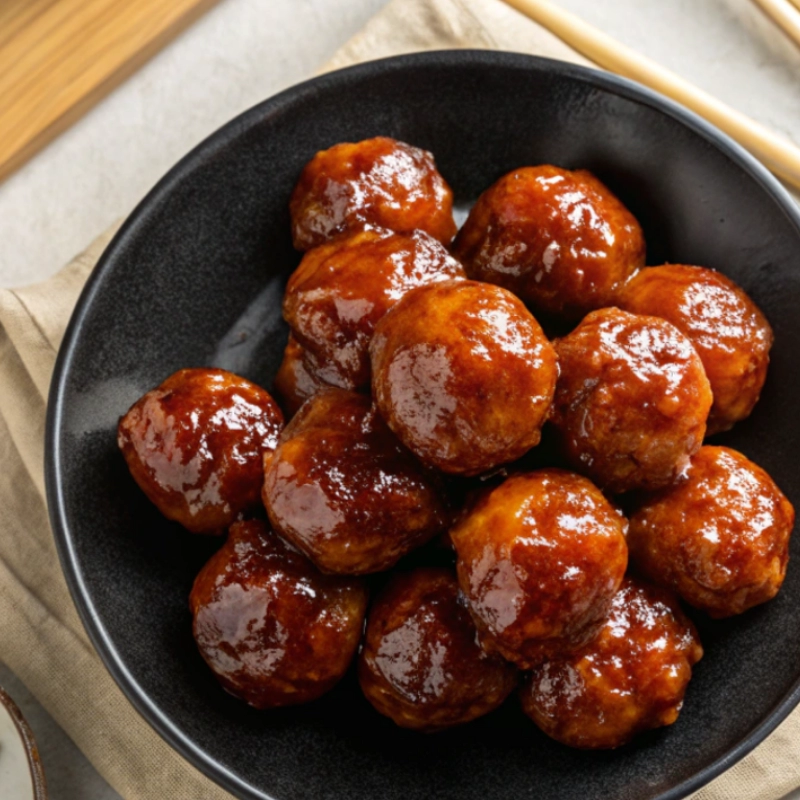 Sweet & Sticky Teriyaki Meatball 16 Sweet and sticky teriyaki-glazed meatballs served in a black bowl with chopsticks.