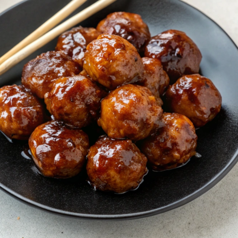 Sweet & Sticky Teriyaki Meatball 11 Sweet and sticky teriyaki-glazed meatballs served in a black bowl with chopsticks.