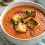 Creamy tomato basil soup topped with golden grilled cheese croutons and fresh basil.