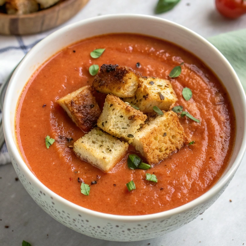Smooth tomato basil soup garnished with grilled cheese croutons and chopped herbs.