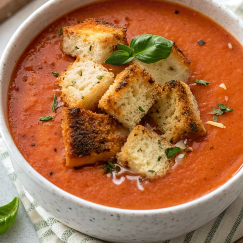 A bowl of tomato basil soup with toasted grilled cheese croutons and fresh basil leaves.