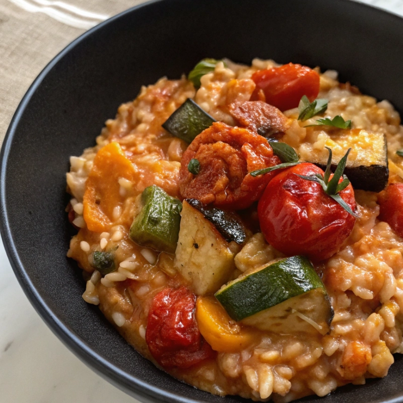 Bowl of creamy tomato risotto with roasted Mediterranean vegetables like zucchini, eggplant, and cherry tomatoes.