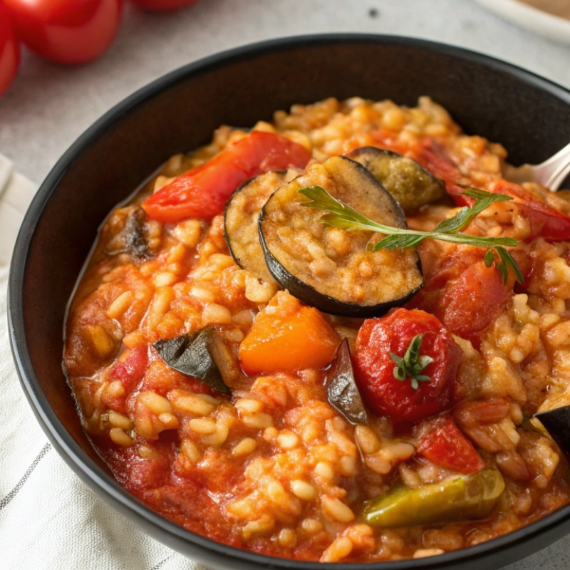 Bowl of creamy tomato risotto with roasted Mediterranean vegetables like zucchini, eggplant, and cherry tomatoes.