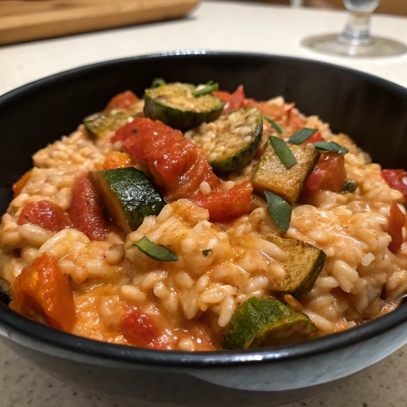 Bowl of creamy tomato risotto with roasted Mediterranean vegetables like zucchini, eggplant, and cherry tomatoes.