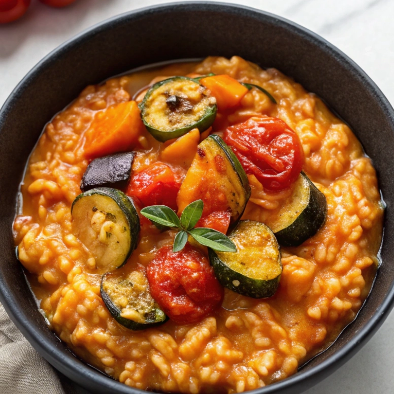 Bowl of creamy tomato risotto with roasted Mediterranean vegetables like zucchini, eggplant, and cherry tomatoes.