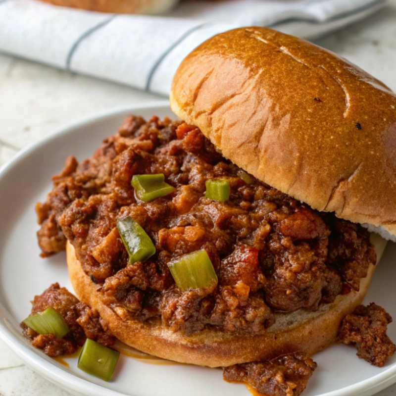 Sloppy Joe sandwiches filled with seasoned ground beef and diced green peppers in a rich tomato sauce, served on toasted hamburger buns.