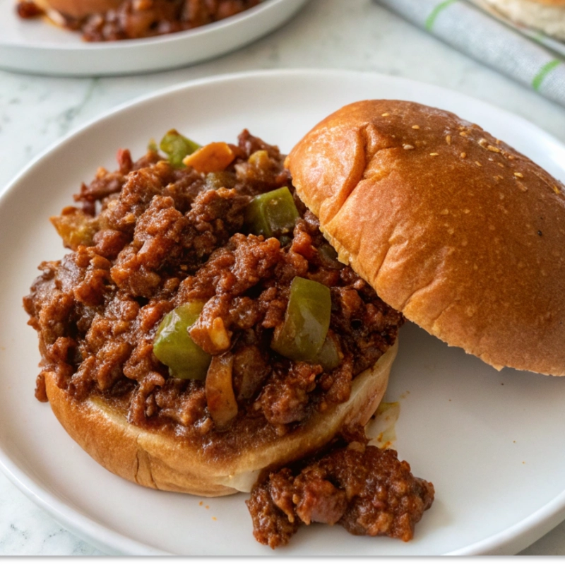 Sloppy Joe sandwiches filled with seasoned ground beef and diced green peppers in a rich tomato sauce, served on toasted hamburger buns.
