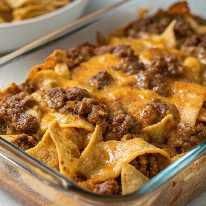 Cheesy walking taco bake with layers of tortilla chips and seasoned ground beef in a glass baking dish.