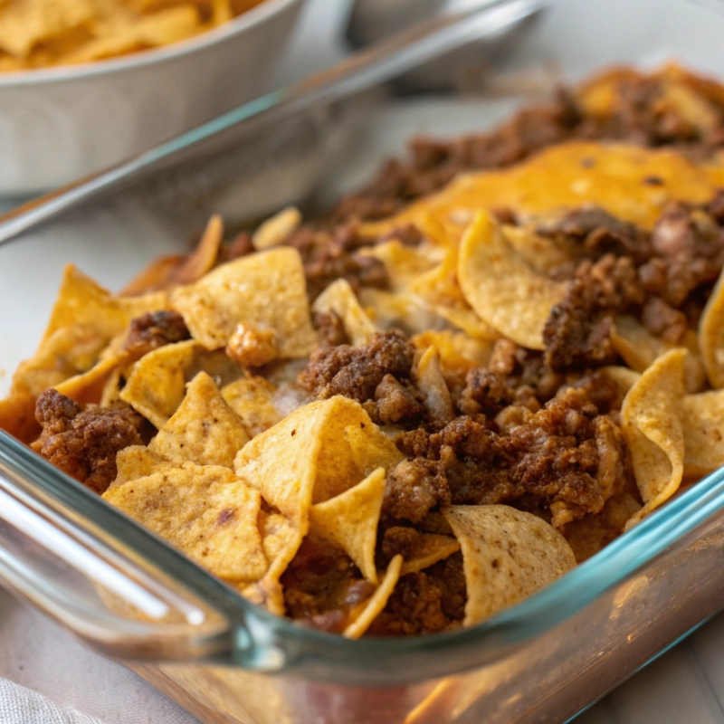 Ground beef and cheese layered with tortilla chips in a glass casserole dish.