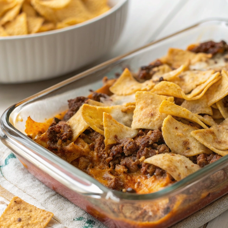 Walking taco bake topped with tortilla chips and melted cheese in a glass baking dish.